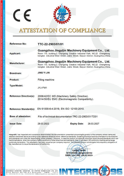 چین Guangzhou Jingyijin Machinery Equipment Co., Ltd گواهینامه ها